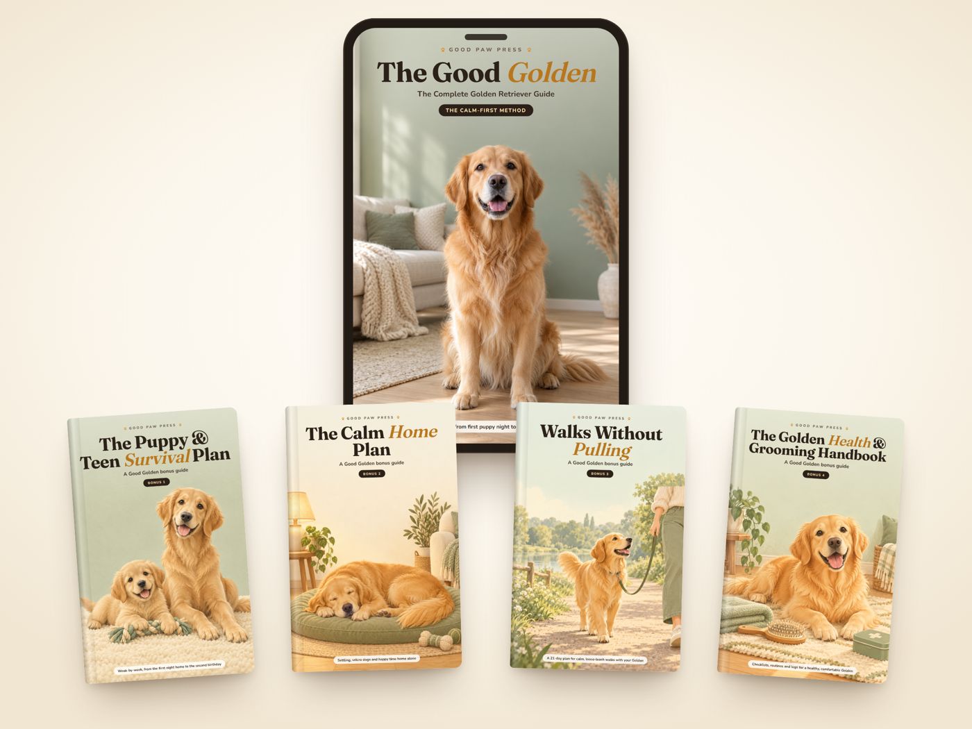 The Good Golden guide on a phone with the four bonus guides
